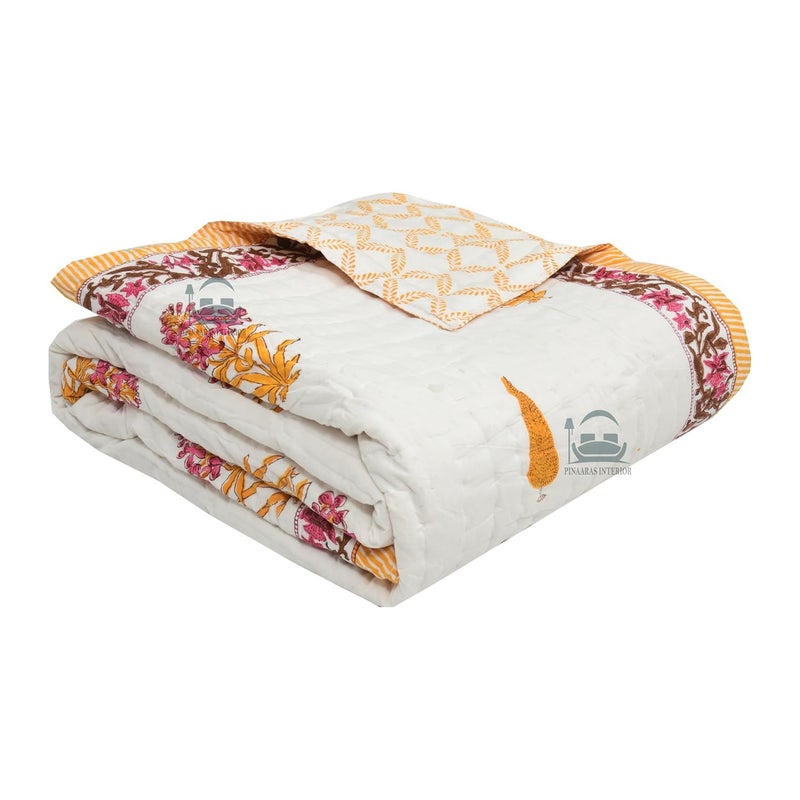 LOARSHY Cotton Hand Block Printed Pure Razai King Size Rajai/Quilts/Razzai - Yellow/Pink (Size 90X108 INCHES) - Image 1