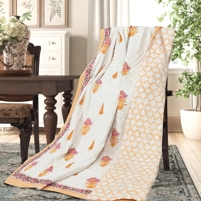 LOARSHY Cotton Hand Block Printed Pure Razai King Size Rajai/Quilts/Razzai - Yellow/Pink (Size 90X108 INCHES) - Image 5