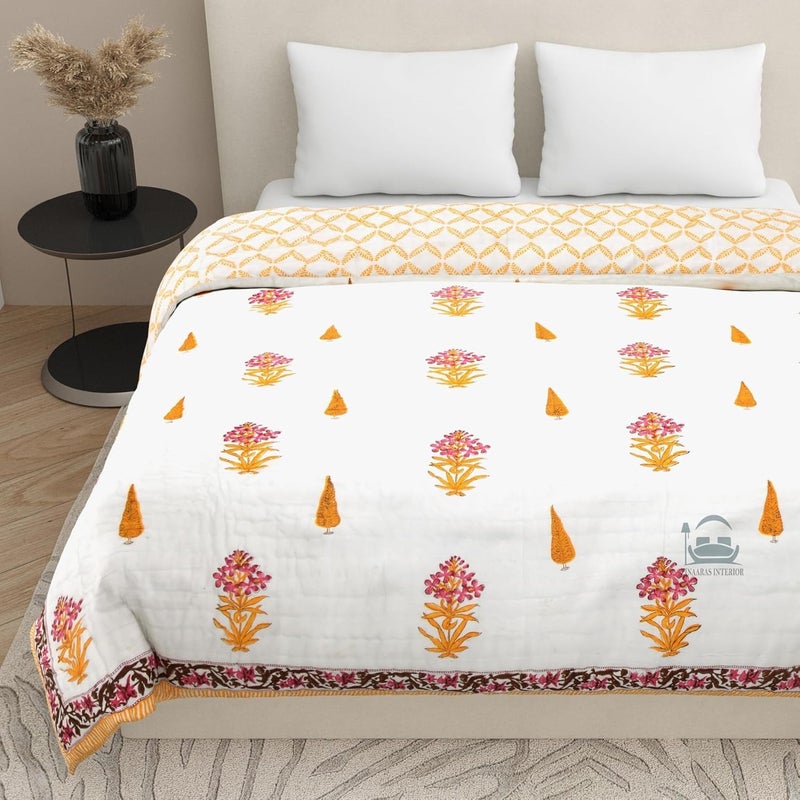 LOARSHY Cotton Hand Block Printed Pure Razai King Size Rajai/Quilts/Razzai - Yellow/Pink (Size 90X108 INCHES) - Image 4