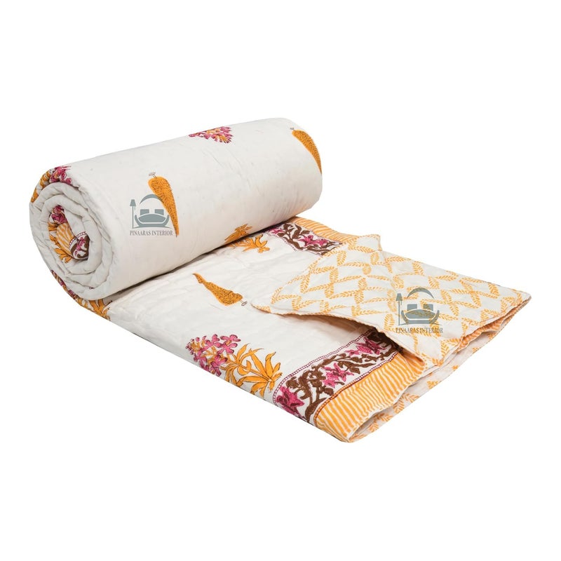 LOARSHY Cotton Hand Block Printed Pure Razai King Size Rajai/Quilts/Razzai - Yellow/Pink (Size 90X108 INCHES) - Image 2