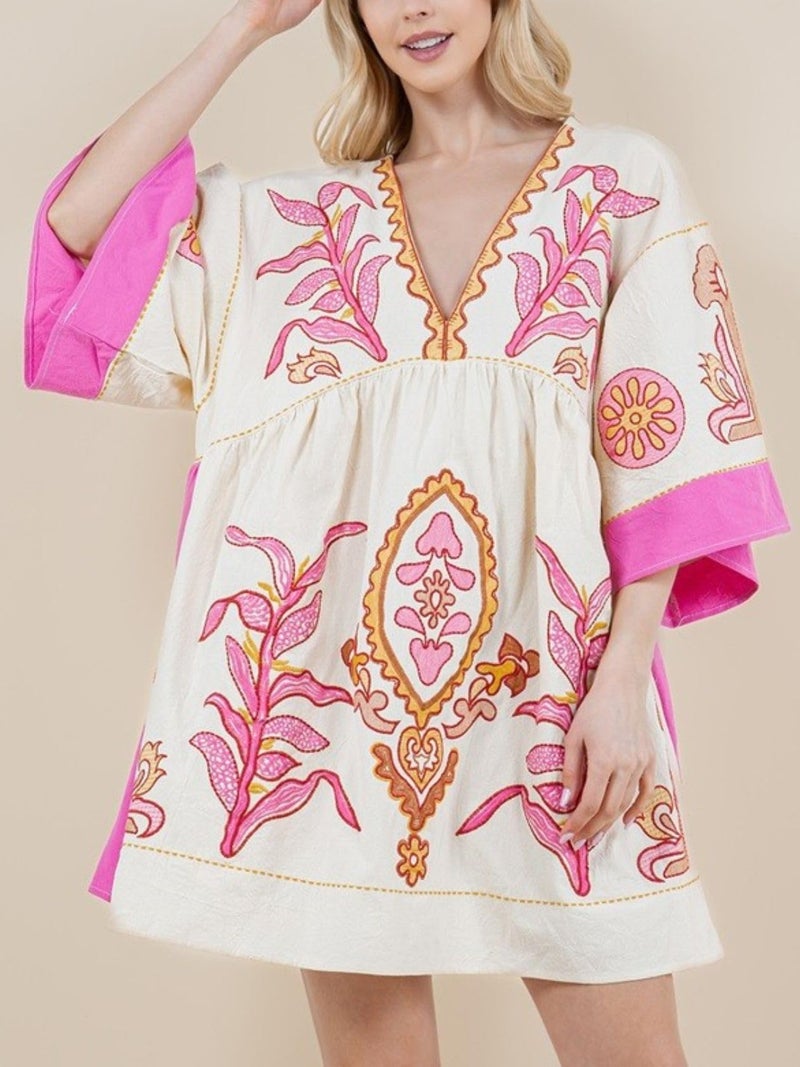 Joiemont Womens Oversized Embroidered Dress with V-Neck and 3/4 Sleeves Vintage Embroidery Babydoll Dress(0603-HotPink-L) - Image 3