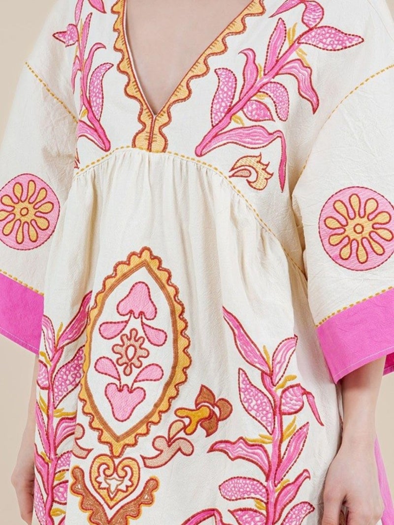 Joiemont Womens Oversized Embroidered Dress with V-Neck and 3/4 Sleeves Vintage Embroidery Babydoll Dress(0603-HotPink-L) - Image 4