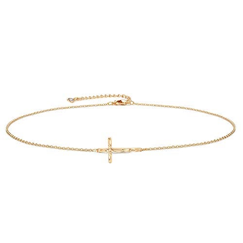Fettero Sideways Cross Necklace Choker Gold Faith Hammered Pendant 14K Gold Plated Dainty Chain Minimalist Simple Tiny God Lords Prayer Religious Jewelry Gift - Image 1