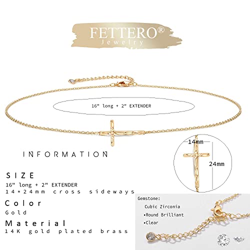 Fettero Sideways Cross Necklace Choker Gold Faith Hammered Pendant 14K Gold Plated Dainty Chain Minimalist Simple Tiny God Lords Prayer Religious Jewelry Gift - Image 5