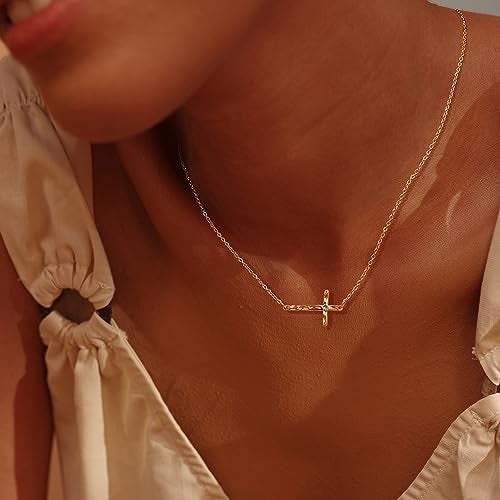 Fettero Sideways Cross Necklace Choker Gold Faith Hammered Pendant 14K Gold Plated Dainty Chain Minimalist Simple Tiny God Lords Prayer Religious Jewelry Gift - Image 2