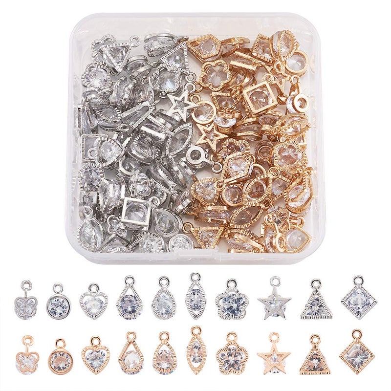 BB Beadthoven Beadthoven 1 Box 80Pcs 10 Styles Cubic Zirconia Alloy Rhinestone Charms Pendants for Necklace Bracelet Earring Jewelry Making Light Gold & Platinum - Image 1