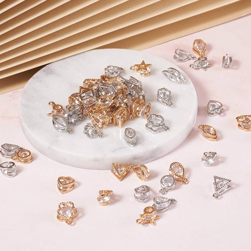 BB Beadthoven Beadthoven 1 Box 80Pcs 10 Styles Cubic Zirconia Alloy Rhinestone Charms Pendants for Necklace Bracelet Earring Jewelry Making Light Gold & Platinum - Image 3