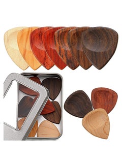 10 Pieces Guitar Picks Exotic Wood Guitar Picks 1 Guitar Picks Box Wooden Guitar Plectrums in African Red Sandalwood Olive Wood Rosewood Maple Ebony Golden Sandalwood for Guitar
