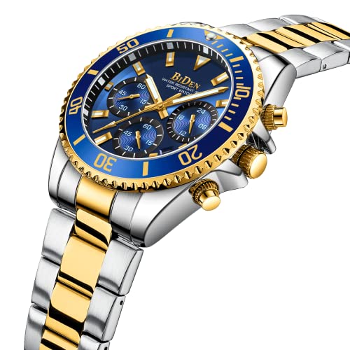 BIDEN Mens Watches Chronograph Gold Blue Stainless Steel Waterproof Date Analog Quartz Watch Business Casual Fashion Wrist Watches for Men - Image 2
