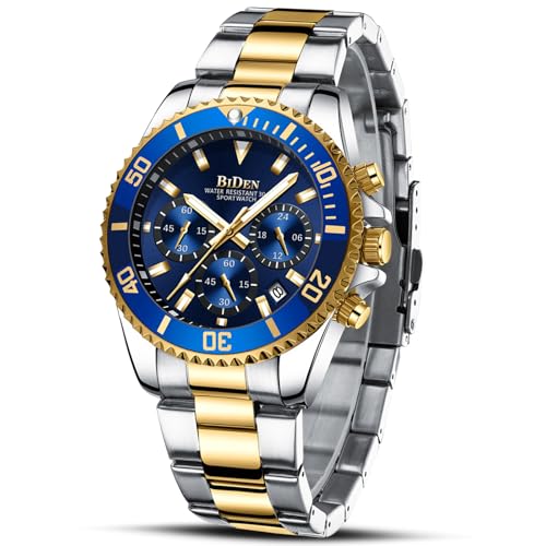 BIDEN Mens Watches Chronograph Gold Blue Stainless Steel Waterproof Date Analog Quartz Watch Business Casual Fashion Wrist Watches for Men - Image 1