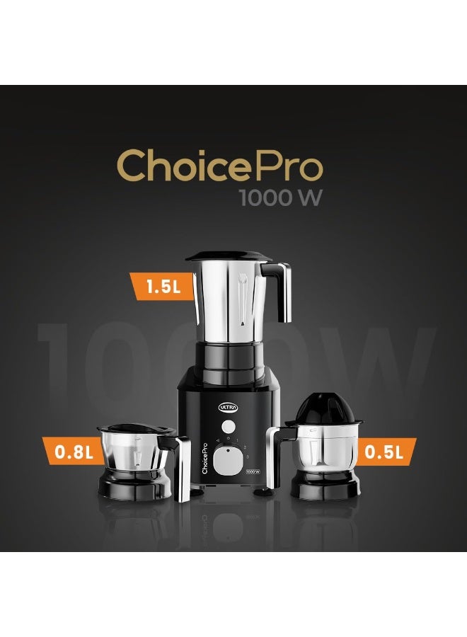 Ultra Choice Pro Mixer Grinder - Black | Fast & Heavy-Duty 1000W High Torque Motor with 5 Years Warranty | AISI 304 Food-Grade 3 SS Jar, 3 Speed Regular + Pulse - Image 2