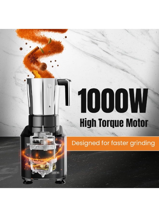 Ultra Choice Pro Mixer Grinder - Black | Fast & Heavy-Duty 1000W High Torque Motor with 5 Years Warranty | AISI 304 Food-Grade 3 SS Jar, 3 Speed Regular + Pulse - Image 5