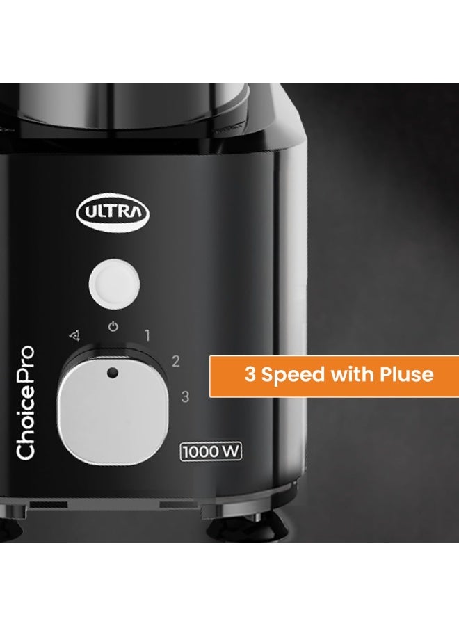 Ultra Choice Pro Mixer Grinder - Black | Fast & Heavy-Duty 1000W High Torque Motor with 5 Years Warranty | AISI 304 Food-Grade 3 SS Jar, 3 Speed Regular + Pulse - Image 3