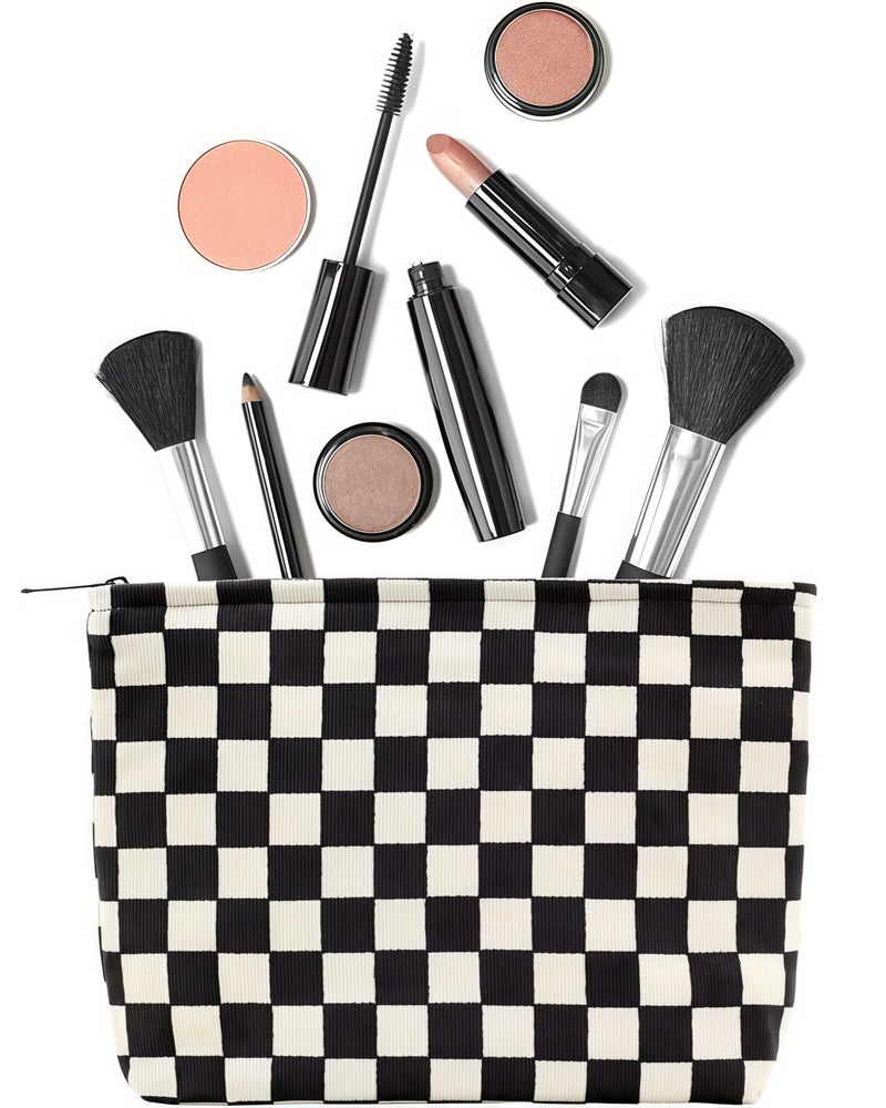 حقيبة مكياج كبيرة بسحاب سروال قصير للمكياج لمحفظة السفر من القماش منظم مستحضرات التجميل للنساء لتخزين الفرش، أسود مربعات - Image 1