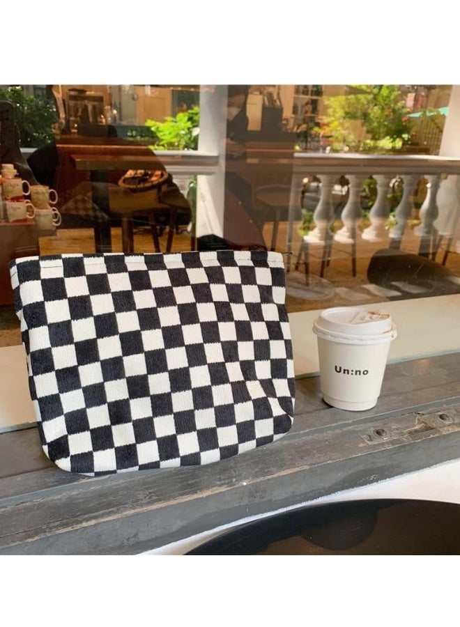 حقيبة مكياج كبيرة بسحاب سروال قصير للمكياج لمحفظة السفر من القماش منظم مستحضرات التجميل للنساء لتخزين الفرش، أسود مربعات - Image 4