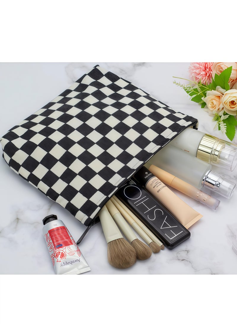 حقيبة مكياج كبيرة بسحاب سروال قصير للمكياج لمحفظة السفر من القماش منظم مستحضرات التجميل للنساء لتخزين الفرش، أسود مربعات - Image 2