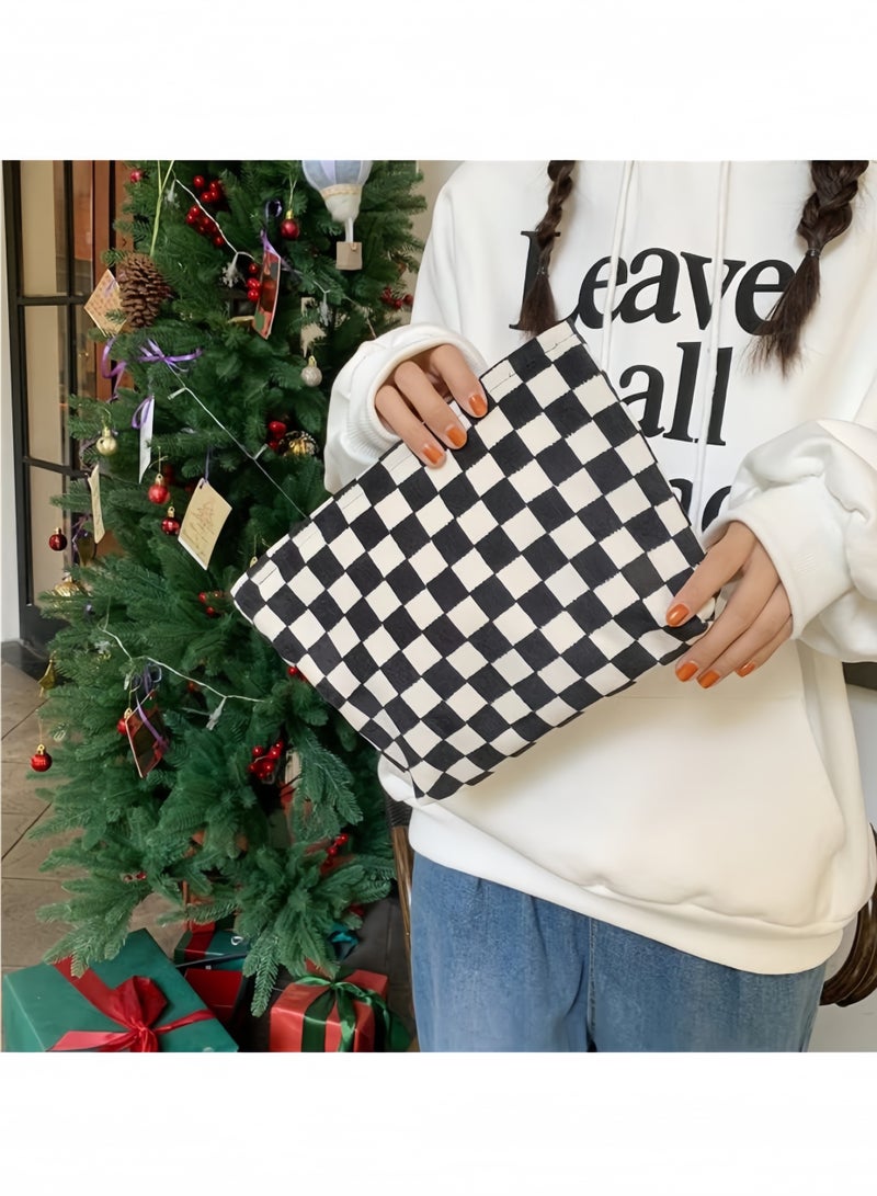 حقيبة مكياج كبيرة بسحاب سروال قصير للمكياج لمحفظة السفر من القماش منظم مستحضرات التجميل للنساء لتخزين الفرش، أسود مربعات - Image 5