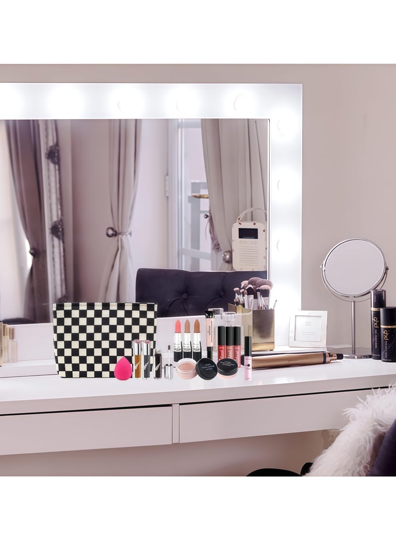 حقيبة مكياج كبيرة بسحاب سروال قصير للمكياج لمحفظة السفر من القماش منظم مستحضرات التجميل للنساء لتخزين الفرش، أسود مربعات - Image 3