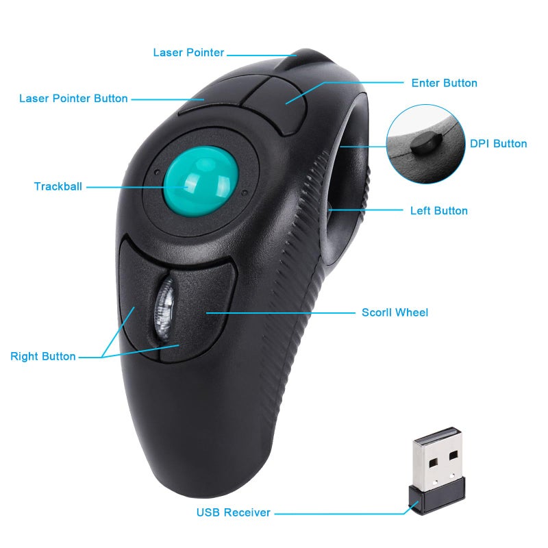 welspo Wireless USB Handheld Finger Trackball Mouse with Laser Pointer - Image 2
