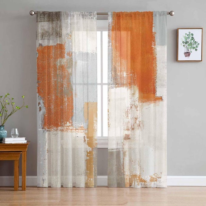 ORANGE BROWN GRAY BEIGE SHEER CURTAINS 72 INCH LENGTH 2 PANELS SET ABSTRACT OIL PAINTING TEXTURE SEMI TRANSPARENT VOILE ROD POCKET CURTAINS FOR LIVING DINING ROOM BEDROOM DRAPES
