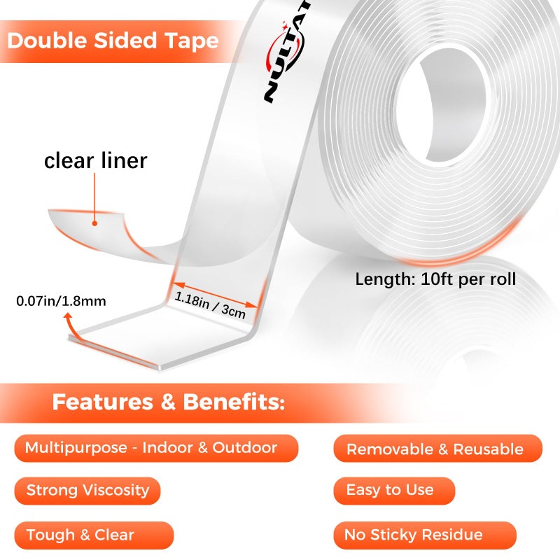 Nultat Strong Double Sided Tape Heavy Duty Double Sided Tape For Walls  1.18"" X 120"" Clear & Tough Nano Tape Double Sided Mounting Tape  Removable Wall Tape For Hanging Picture  Poster  Carpet (10Ft) - Image 2