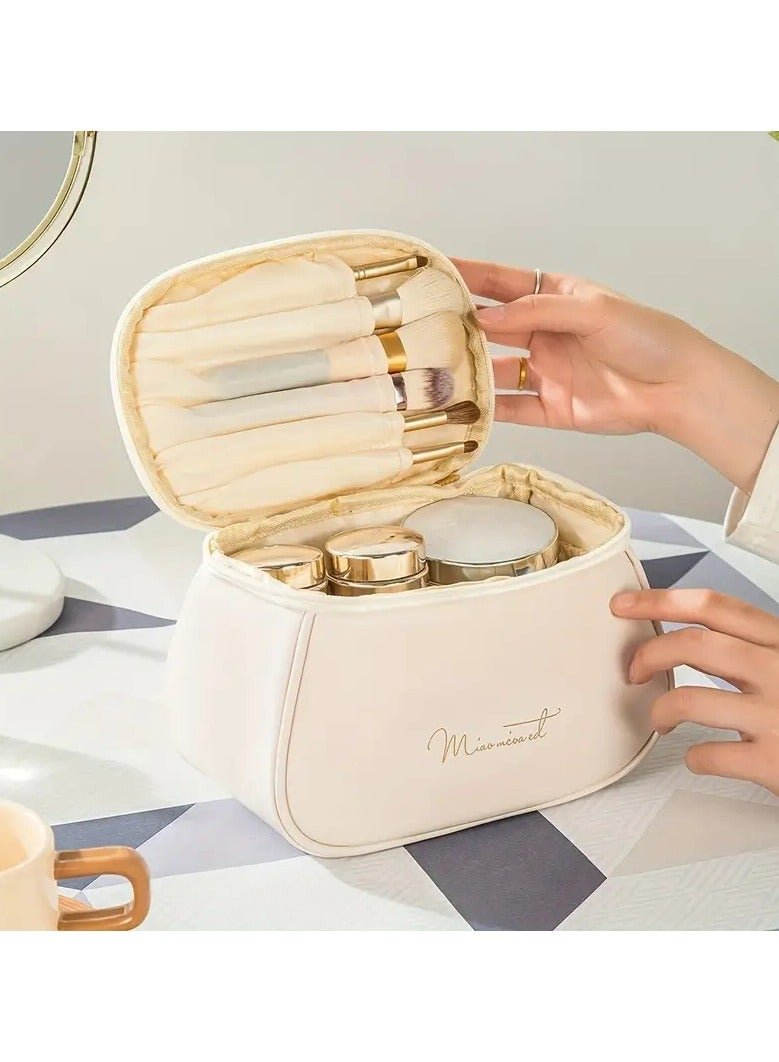 ORiTi Travel Cosmetic Bag For Women, Large Capacity Makeup Organizer Bag With Portable Handle Zipper Makeup Brush Holder, Makeup Bags For Women Toiletry Bag For Girls Traveling - Beige  - Image 3