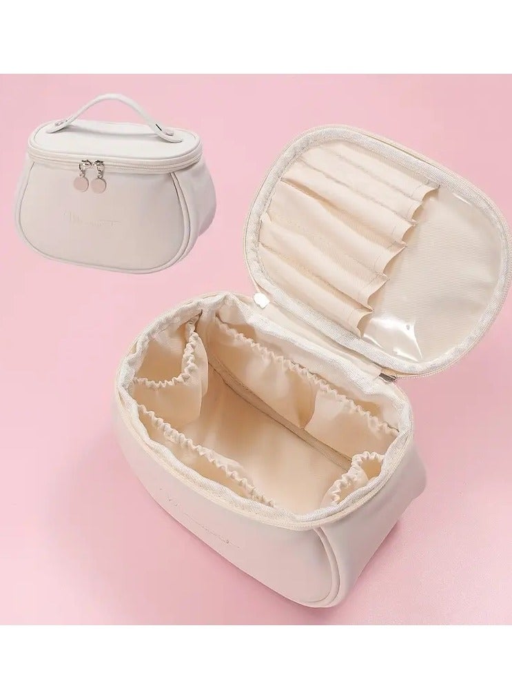 ORiTi Travel Cosmetic Bag For Women, Large Capacity Makeup Organizer Bag With Portable Handle Zipper Makeup Brush Holder, Makeup Bags For Women Toiletry Bag For Girls Traveling - Beige  - Image 1