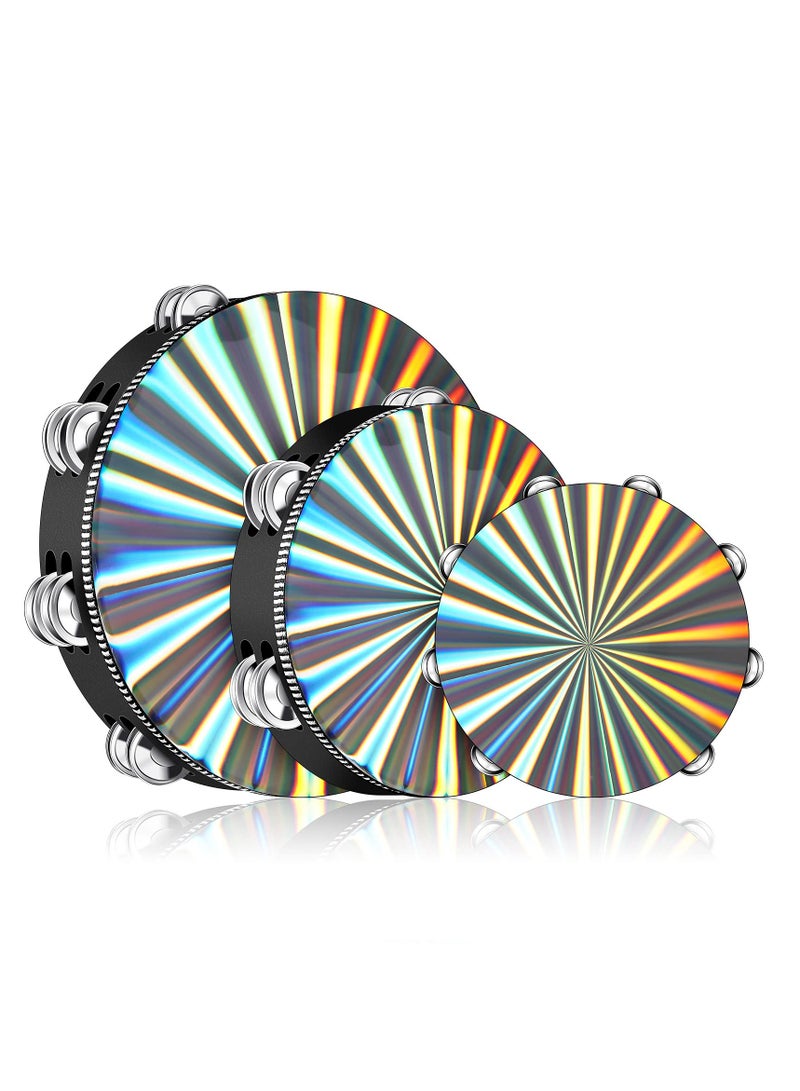 6/ 8/ 10 Inch Radiant Tambourine 3 Pieces Wood Church Tambourine Double Row Tambourines Musical Instrument Reflective Hand DrumPercussion Musical Instrument for Church Adults Party (Black)