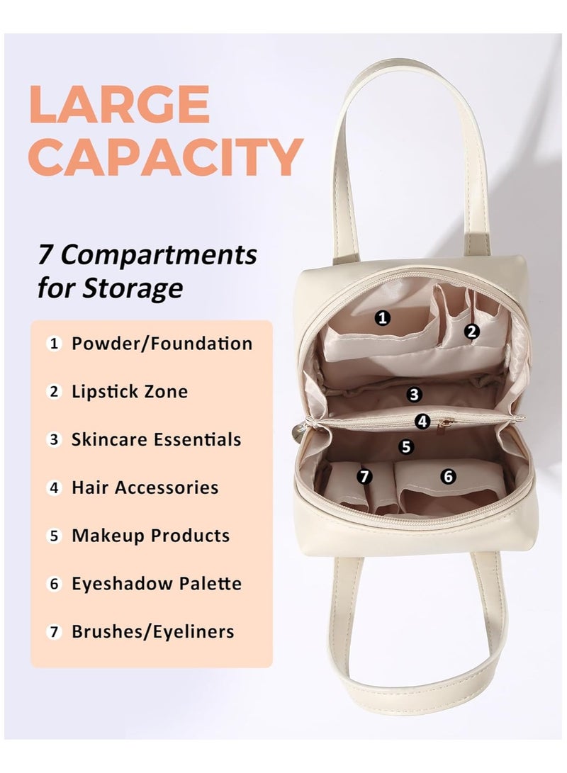 general Small Makeup Bag Organizer Leather Cosmetic Bags for Women Travel Cosmetic Pouch Waterproof Aesthetic Makeup Bag with Compartments Portable Handle - Image 2