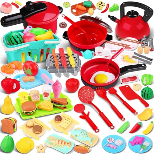 FunMission 134 Pcs Toy Kitchen Accessories Toddler Pretend Cooking Toys with BBQ Grill Pressure Cooker Kettle Pots Pans Kitchen Playset for Cutting Play Food Learning Gift for Girls Boys - Image 1