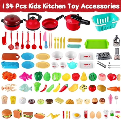 FunMission 134 Pcs Toy Kitchen Accessories Toddler Pretend Cooking Toys with BBQ Grill Pressure Cooker Kettle Pots Pans Kitchen Playset for Cutting Play Food Learning Gift for Girls Boys - Image 5