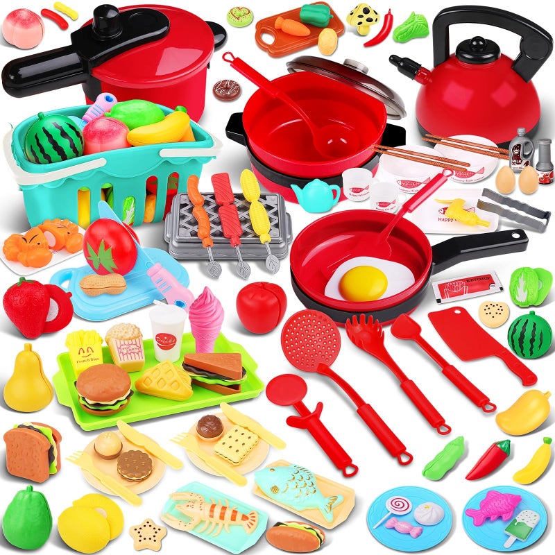 FunMission 134 Pcs Toy Kitchen Accessories Toddler Pretend Cooking Toys with BBQ Grill Pressure Cooker Kettle Pots Pans Kitchen Playset for Cutting Play Food Learning Gift for Girls Boys - Image 3