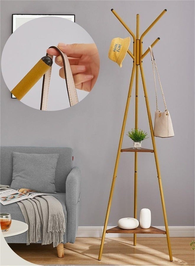 Bukela Coat Rack Freestanding, Stainless Steel Simple Standing Tripod Hall Tree with 2 Shelves, Clothes Rack for Hat, Clothes, Bag, Hanger Stand for Entryway/Living Room/Bedroom/Ofiice, Golden - Image 1
