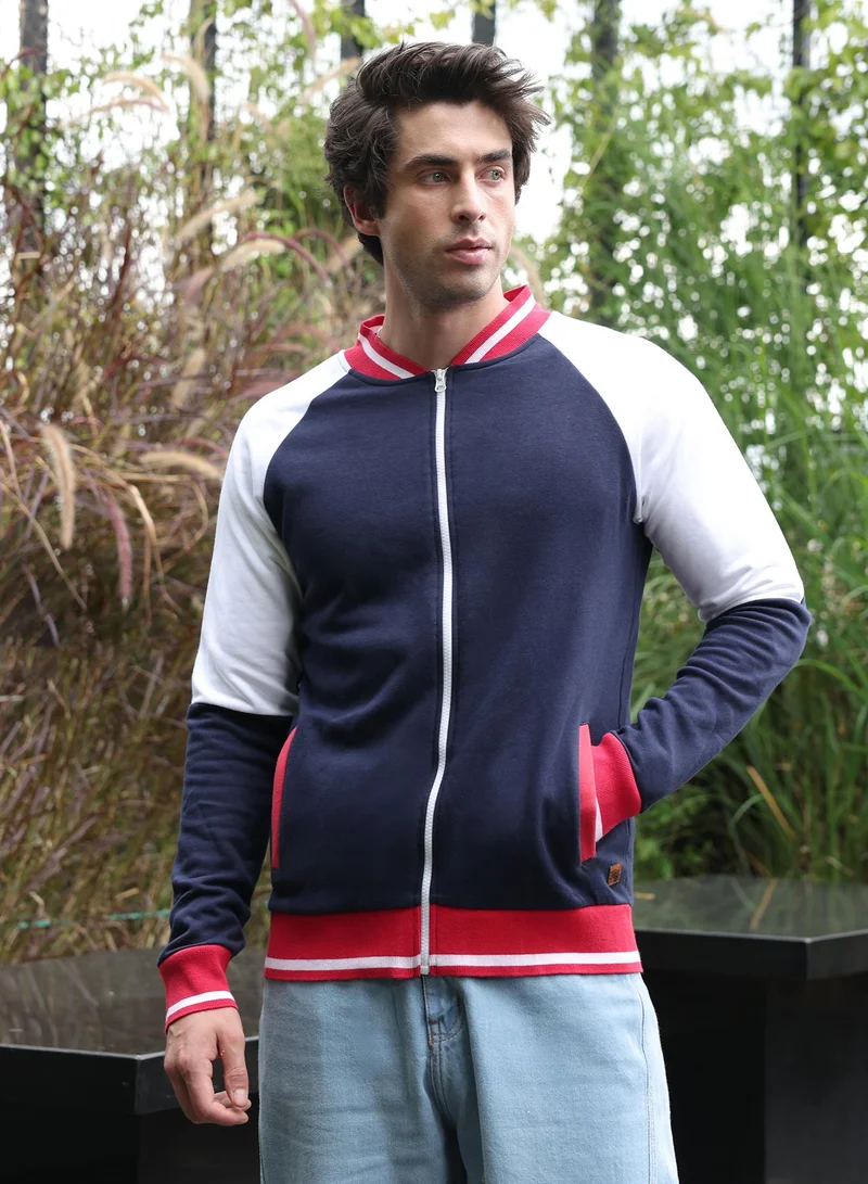 Campus Sutra Men Block Fleece Jacket | Baseball Collar, Long Ribbed Cuff Sleeves | Zipper , Ribbed-Straight Hem | Colourblock Fleece | Knitted Fabric For Casual & Daily Wear | Navy Blue