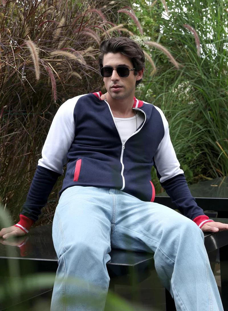 Men Block Fleece Jacket | Baseball Collar, Long Ribbed Cuff Sleeves | Zipper , Ribbed-Straight Hem | Colourblock Fleece | Knitted Fabric For Casual & Daily Wear | Navy Blue