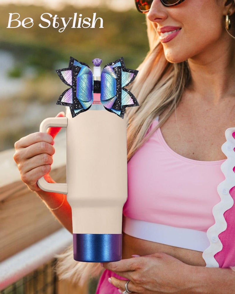 Toykee Bow Straw Topper with Cup Bootfor Stanley 40 30 oz - Bling Black Purple Bow and Diamond Cover Caps with Bottom Protector 3 PCS Sets for Tumbler Accessories - Image 5