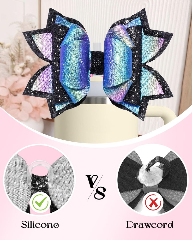 Toykee Bow Straw Topper with Cup Bootfor Stanley 40 30 oz - Bling Black Purple Bow and Diamond Cover Caps with Bottom Protector 3 PCS Sets for Tumbler Accessories - Image 3