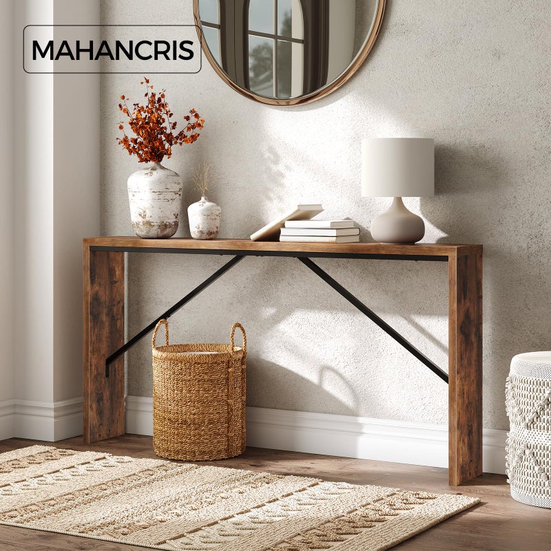 MAHANCRIS طاولة كونسل MAHANCRIS، 62.2" طاولة أريكة طويلة خلف الأريكة، طاولة مدخل ضيقة، طاولة طعام ريفية بإطار معدني مائل، طاولة كونسل صناعية للمدخل، بني ريفي CTHR15801Z - Image 2