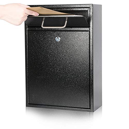 KYODOLED Steel Key Lock Mail Boxes Outdoor, Locking Wall Mount Mailbox, Security Lock Drop Box, Collection Boxes,16.2H x 11.22L x 4.72W Inches, Black X Large - Image 1