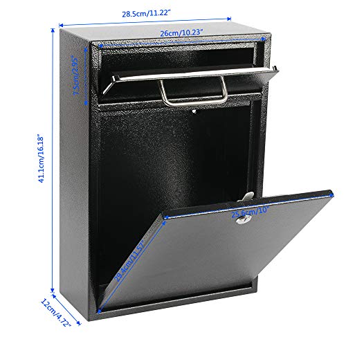 KYODOLED Steel Key Lock Mail Boxes Outdoor, Locking Wall Mount Mailbox, Security Lock Drop Box, Collection Boxes,16.2H x 11.22L x 4.72W Inches, Black X Large - Image 3