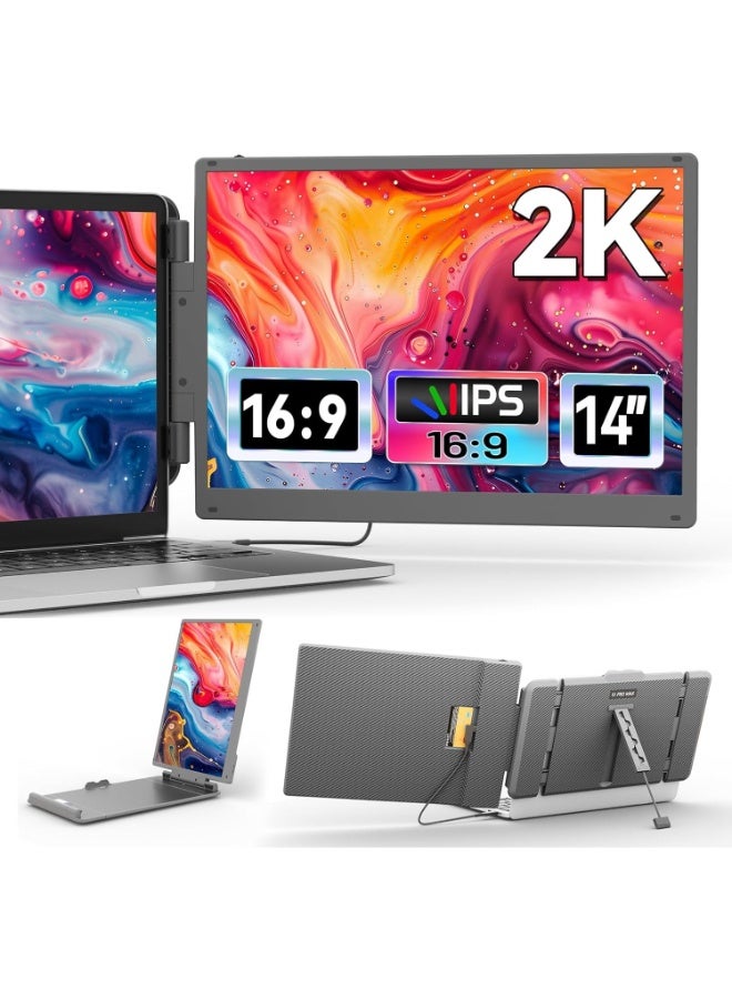 14" 2K Dual Laptop Screen Extender, Portable 2160 x 1440 IPS Monitor with Type-C/HDMI/USB-A Plug and Play, Fits 13-17” Laptops, Compatible with Windows/Mac/Android  - Image 1