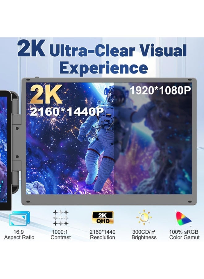 14" 2K Dual Laptop Screen Extender, Portable 2160 x 1440 IPS Monitor with Type-C/HDMI/USB-A Plug and Play, Fits 13-17” Laptops, Compatible with Windows/Mac/Android  - Image 2