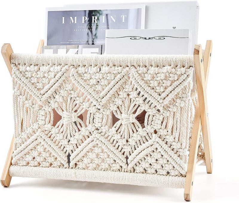 YARDHOBI Macrame Magazine Rack, Boho Storage Holder, Pre Assembled Boho Room Decor Storage Basket Rack, Standing Basket for Books, Newspapers, Swaddle Blanket, Dorm Essentials (12”L x 7.8”W) - Image 1