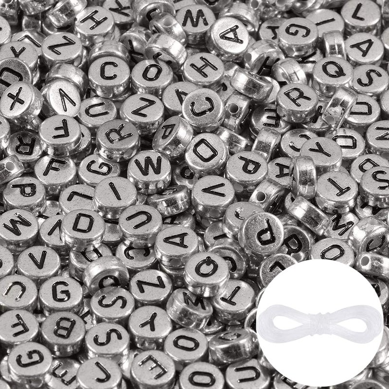 1000pcs Silver Letter Beads for Bracelets 4x7mm Black Alphabet AZ Beads Friendship Bracelets Jewelry Making Kit for Teen Girl Gifts