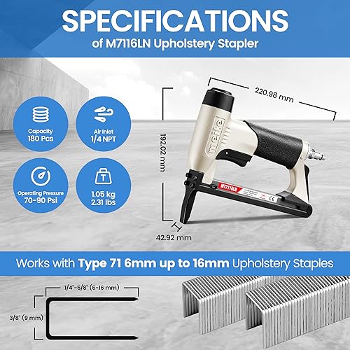 meite MT7116LN Pneumatic Upholstery Stapler 22 Gauge 71 Series 3/8" Crown 1/4" to 5/8" Length Long Nose Stapler - Image 2