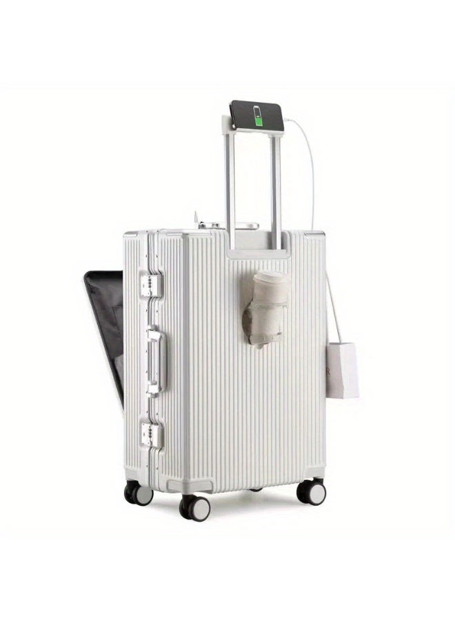 Multifunctional Aluminum Frame Luggage Suitcase Set Features USB Mobile Phone Holder and Cup Holder