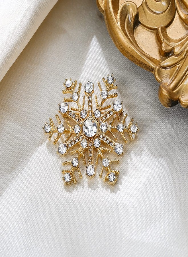 Flyonce Christmas Snowflake Brooch for Women, Clear Rhinestone Crystal Winter Party Corsage Broach Pin Gold-Tone - Image 3