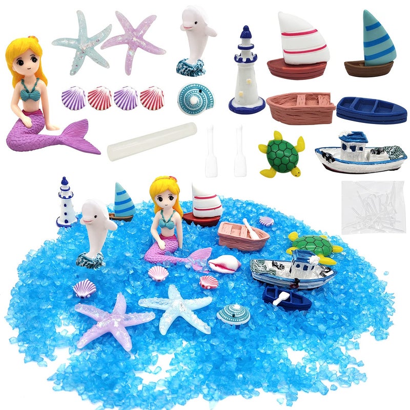 BLLREMIPSUR 21 Pieces Miniature Garden Accessories Blue Sand and Miniature Mermaid Dolphin Boat Steamship Figurines Decorations Micro Beach Ocean Seaside Scene DIY Decor Kit