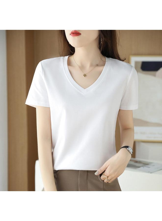 Generic 80 Mercerized Cotton Short Sleeve T-shirt Women's V-neck Summer A Generation Of Hair Women's Chicken Collar Jacket Combed Cotton T-shirt Women 