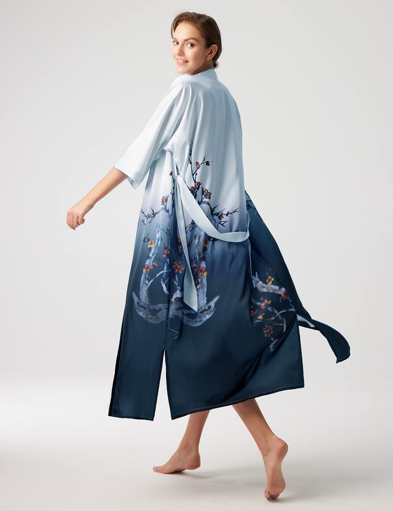 PRODESIGN Long Satin Nightgown with Gradient Watercolor Pattern - Silky Kimono Robe and Bathrobe - Image 5